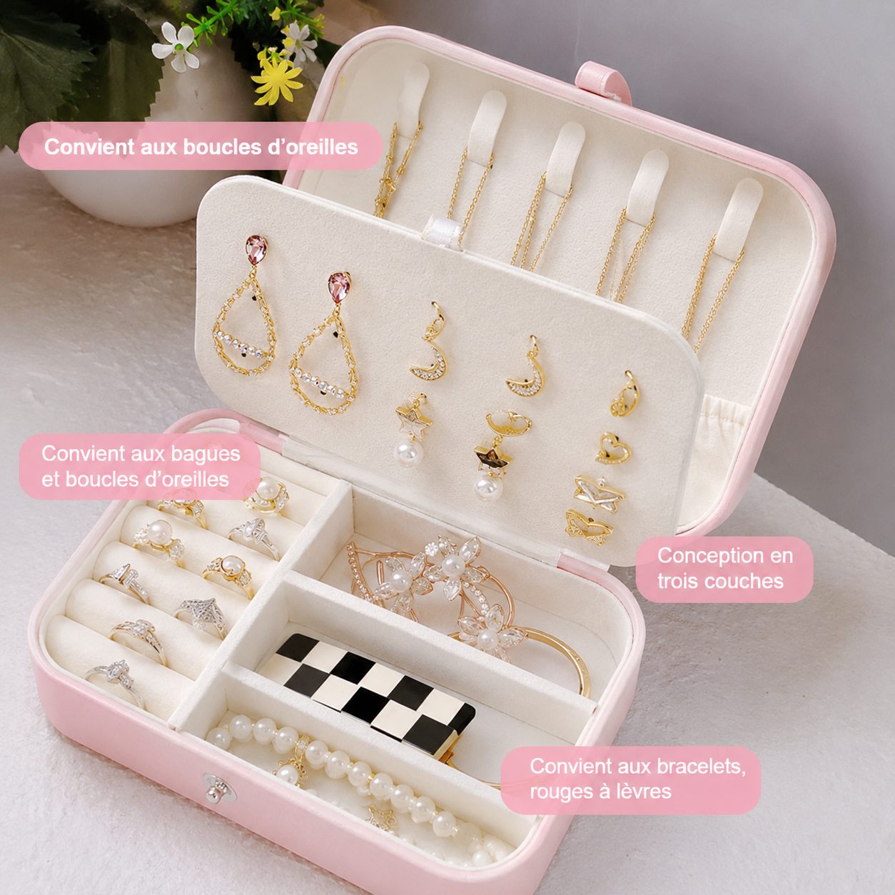 Boîte à bijoux de voyage – Organisateur élégant pour bagues, boucles d’oreilles et bracelets