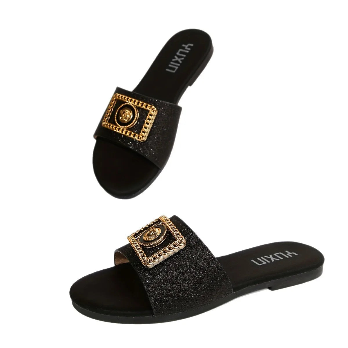 Sandales Femme Élégantes Noires à Détail Doré